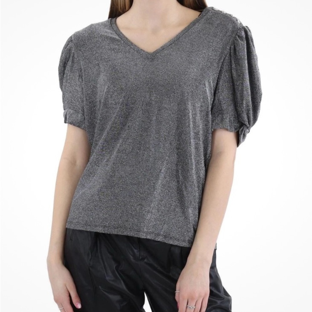 Karl Lagerfeld Paris Silver Metallic V-Neck Pullover Top